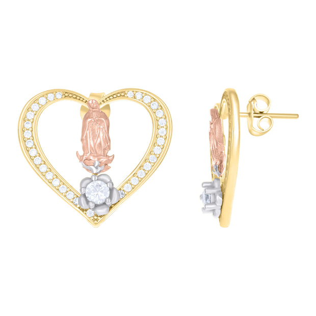 10kt Tri-Color Gold Womens Cubic-Zirconia Heart Guadalupe Religious Stud Earrings
