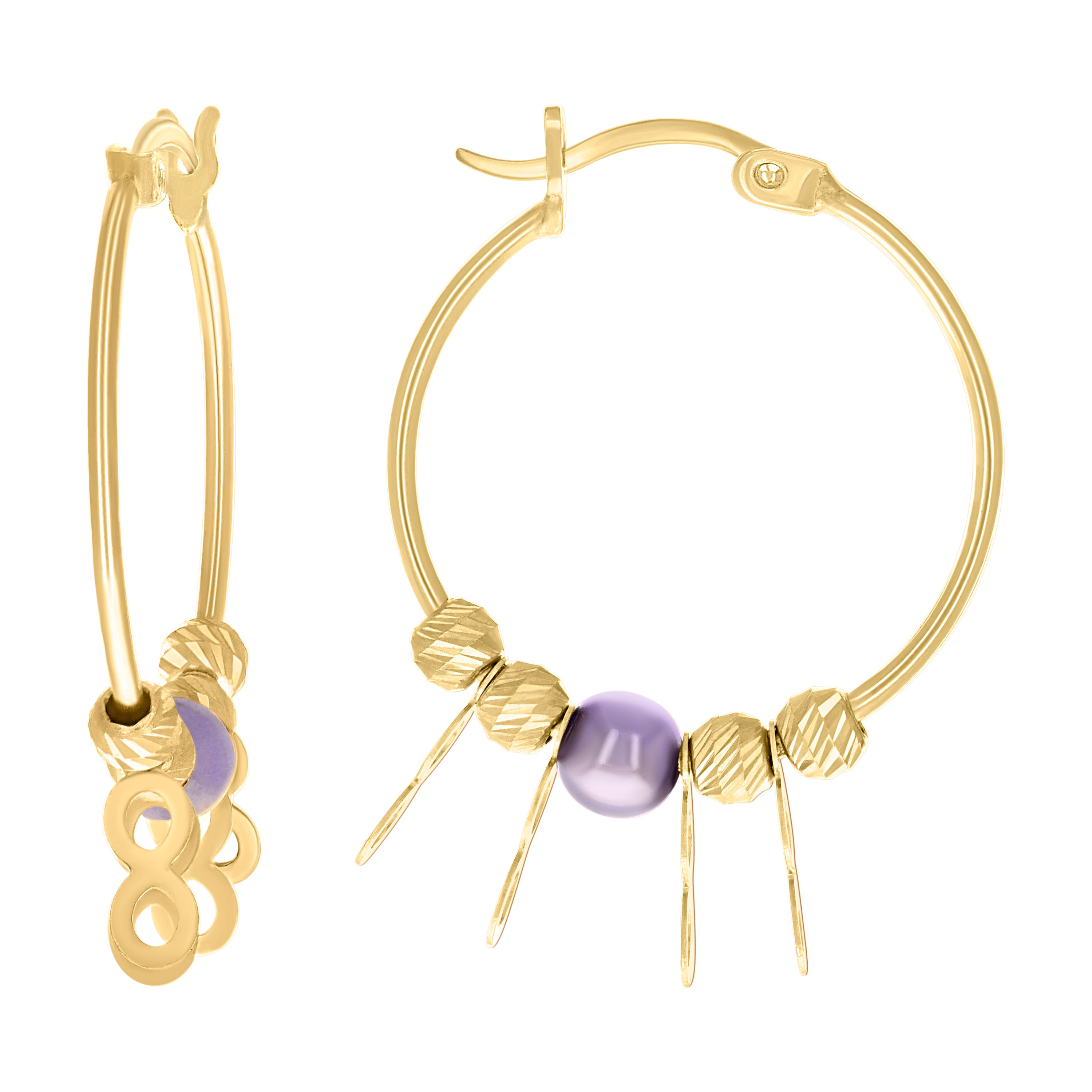 10kt Yellow Gold Womens Infinity Purple Beaded Hoop Earrings