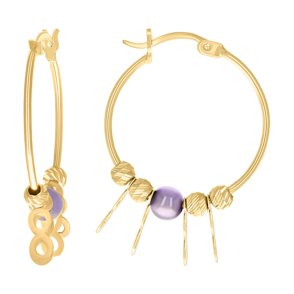 10kt Yellow Gold Womens Infinity Purple Beaded Hoop Earrings