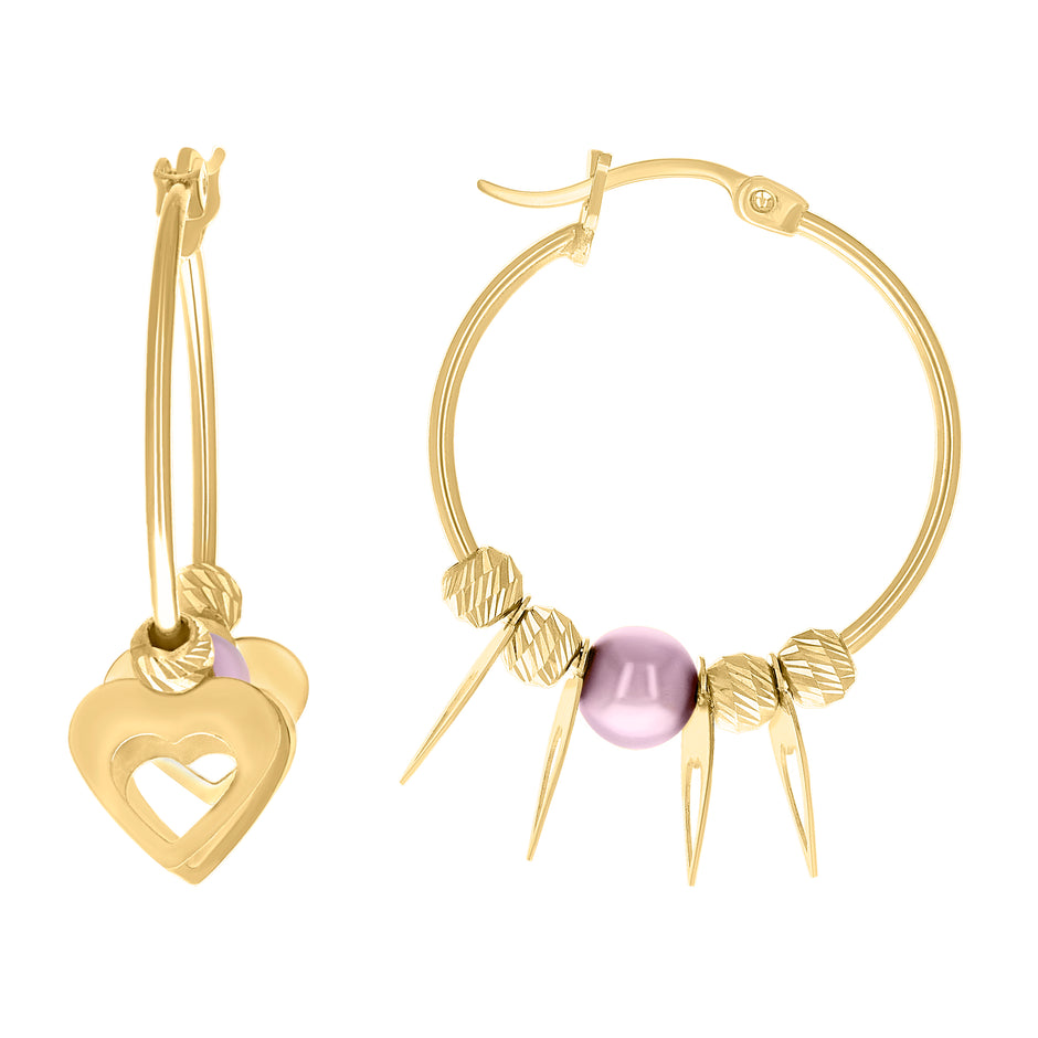 10kt Yellow Gold Womens Heart Purple Beaded Hoop Earrings
