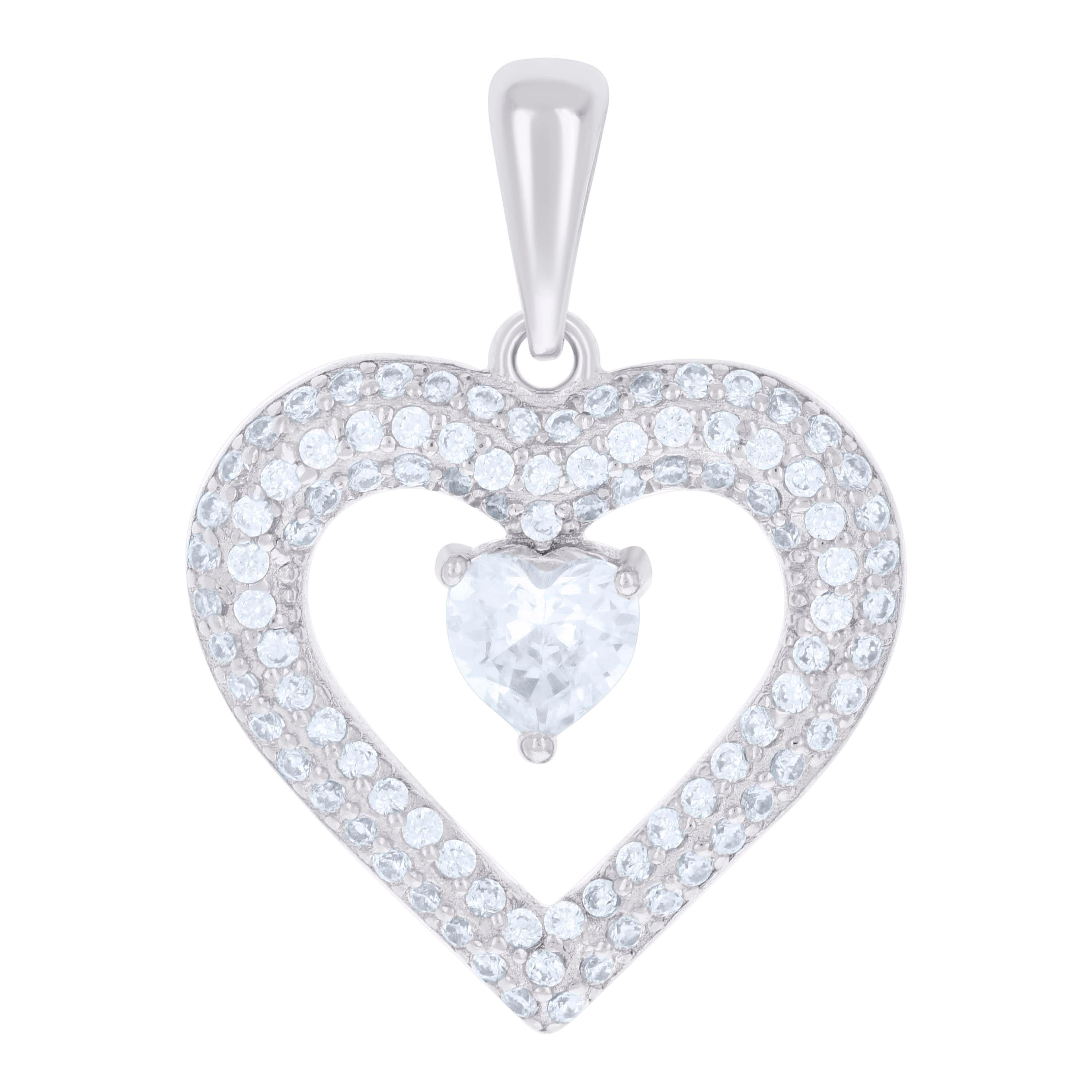 925 Sterling Silver Womens Heart Round Cubic-Zirconia Heart Charm Pendant