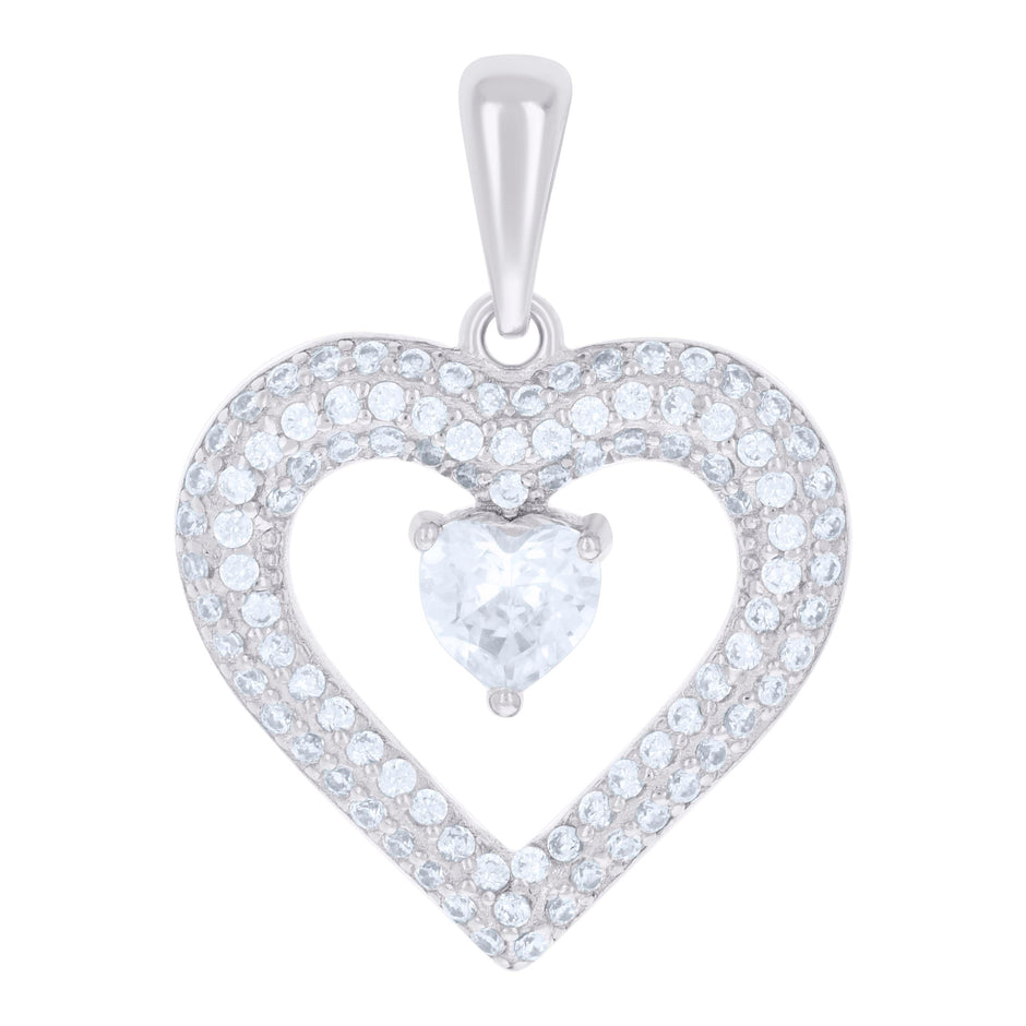 925 Sterling Silver Womens Heart Round Cubic-Zirconia Heart Charm Pendant