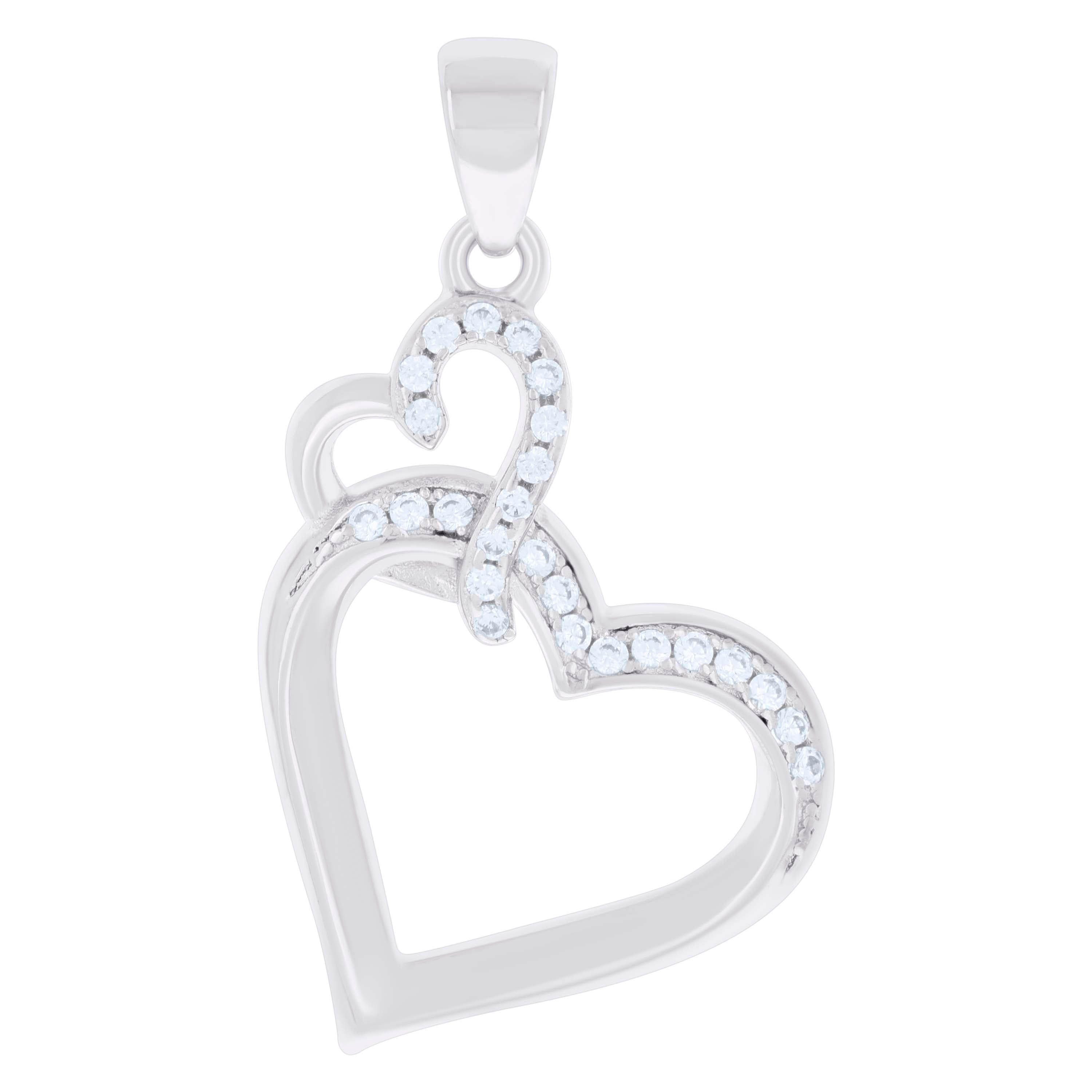 925 Sterling Silver Womens Cubic-Zirconia Double Heart Charm Pendant