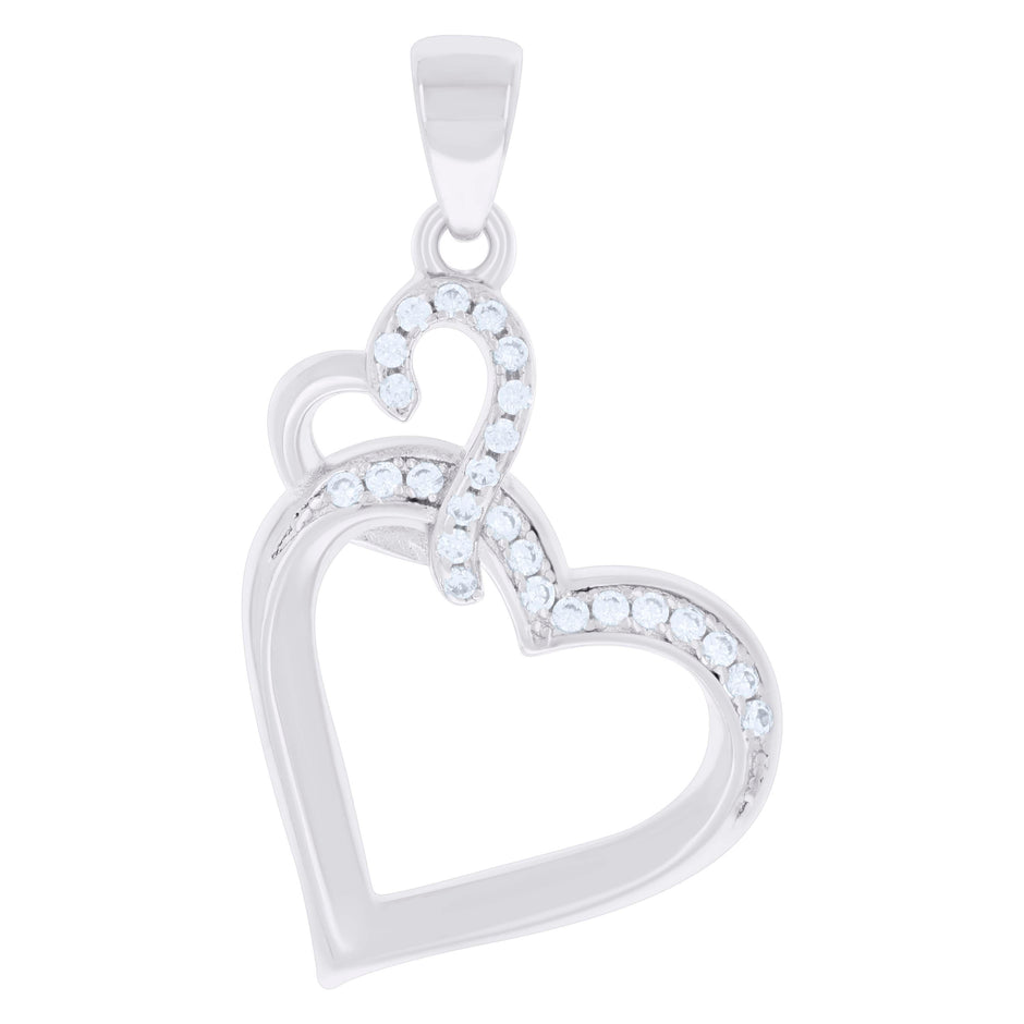 925 Sterling Silver Womens Cubic-Zirconia Double Heart Charm Pendant