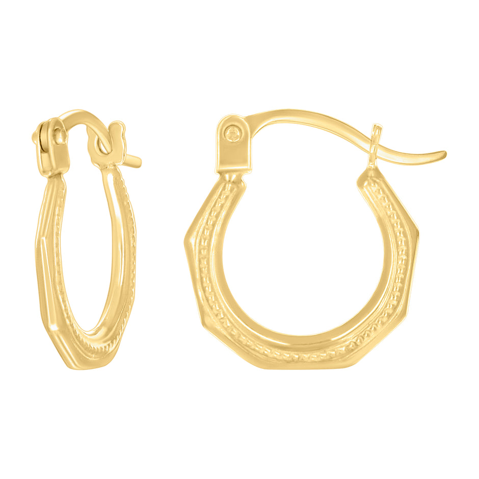 14kt Yellow Gold Womens Patterned Octagon Hoop Earrings