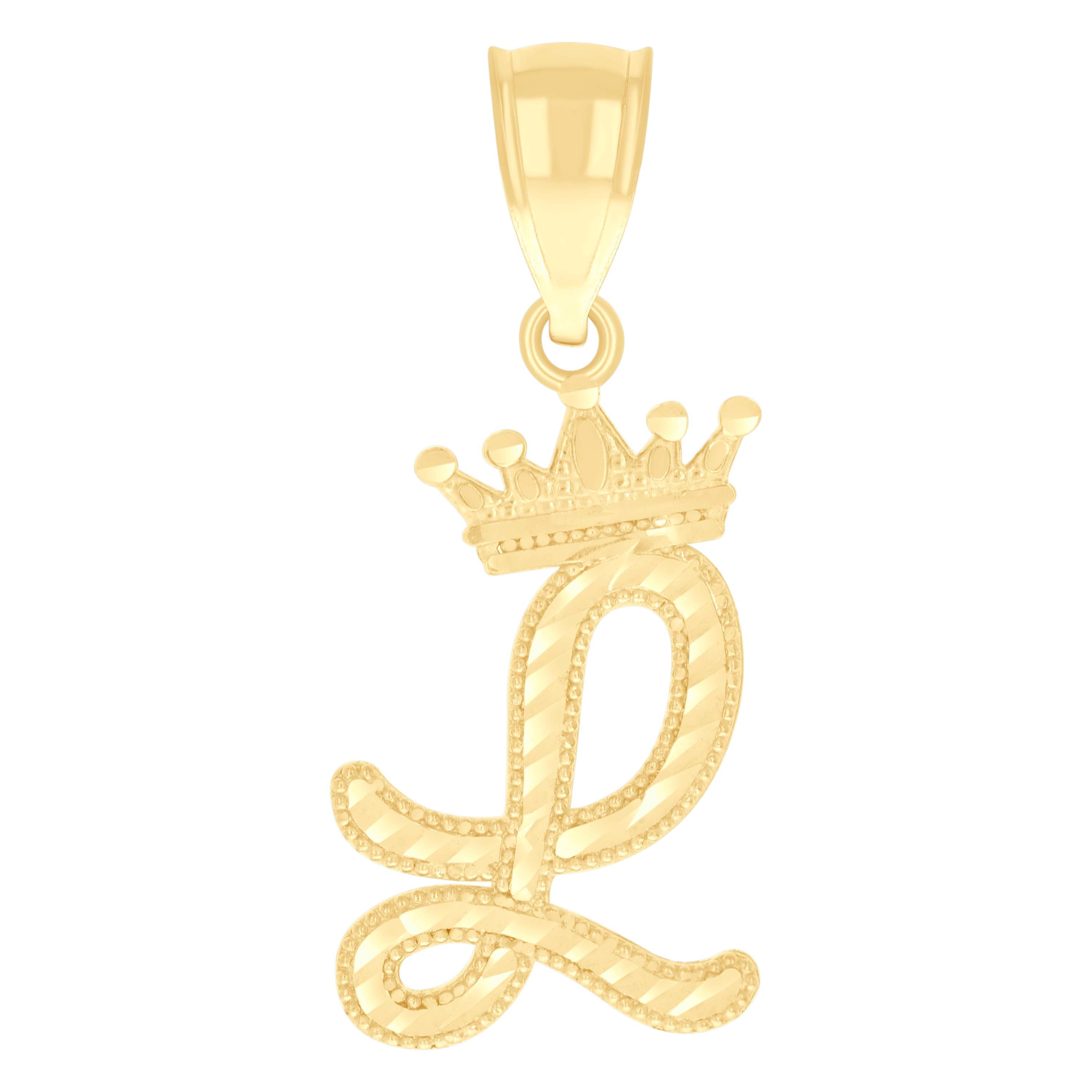 10kt Yellow Gold Unisex Crown L Alphabet Initial Charm Pendant