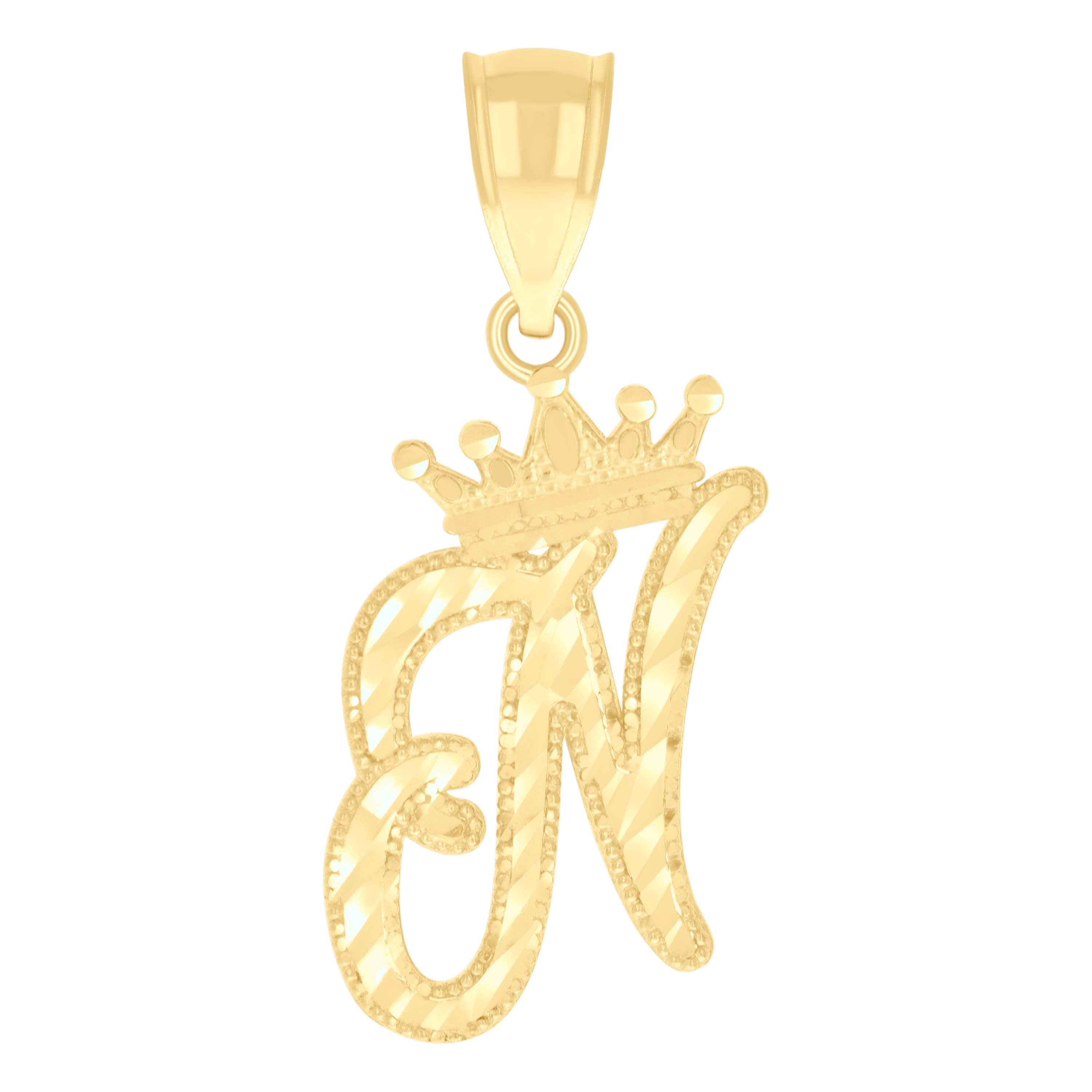 10kt Yellow Gold Unisex Crown N Alphabet Initial Charm Pendant