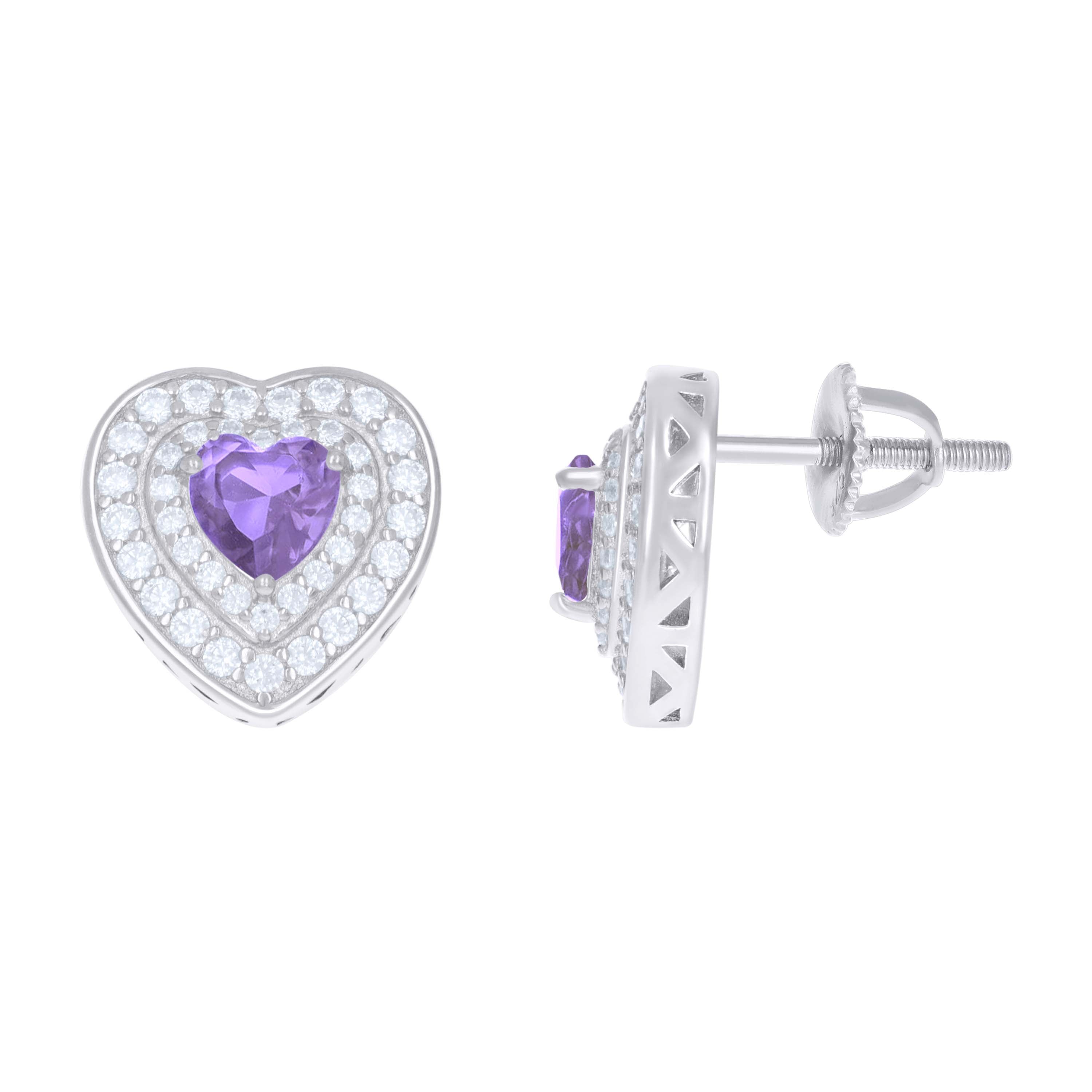 925 Sterling Silver Womens Purple White Heart Round Cubic-Zirconia Heart Stud Earrings 
