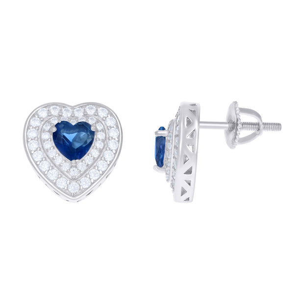 925 Sterling Silver Womens Blue White Heart Round Cubic-Zirconia Heart Stud Earrings 