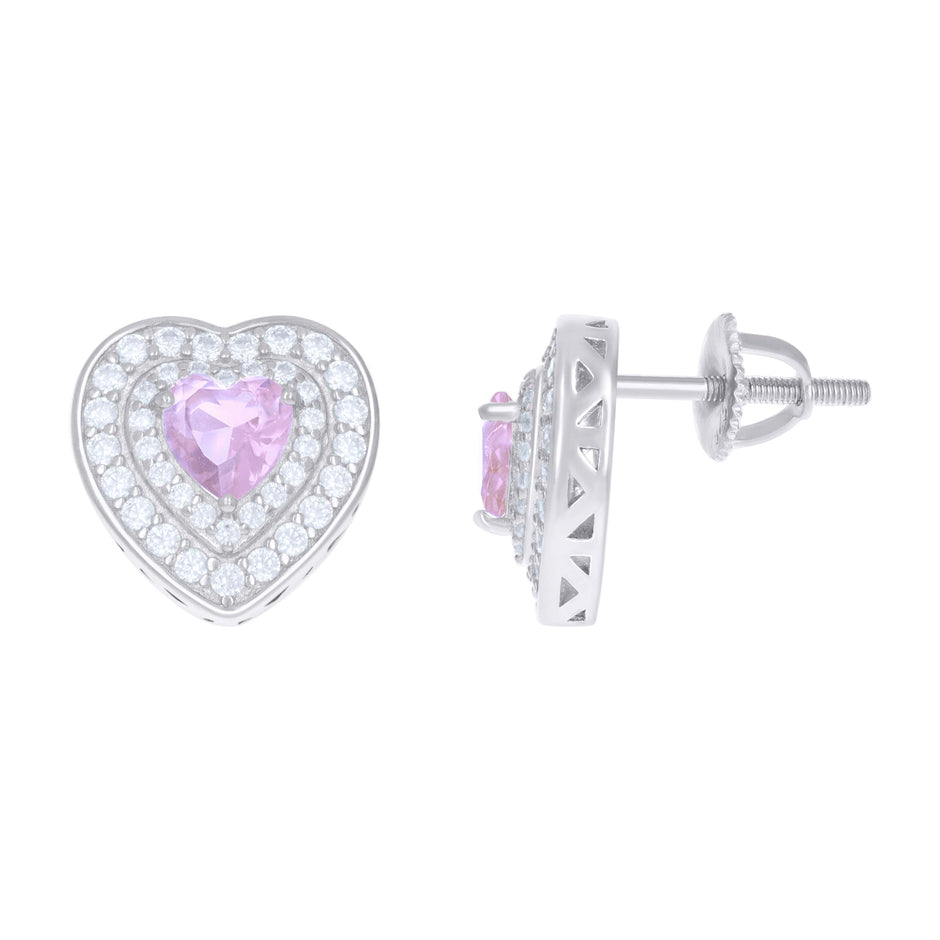 925 Sterling Silver Womens Pink White Heart Round Cubic-Zirconia Heart Stud Earrings 