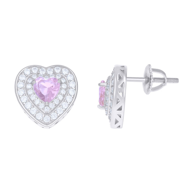 925 Sterling Silver Womens Pink White Heart Round Cubic-Zirconia Heart Stud Earrings 