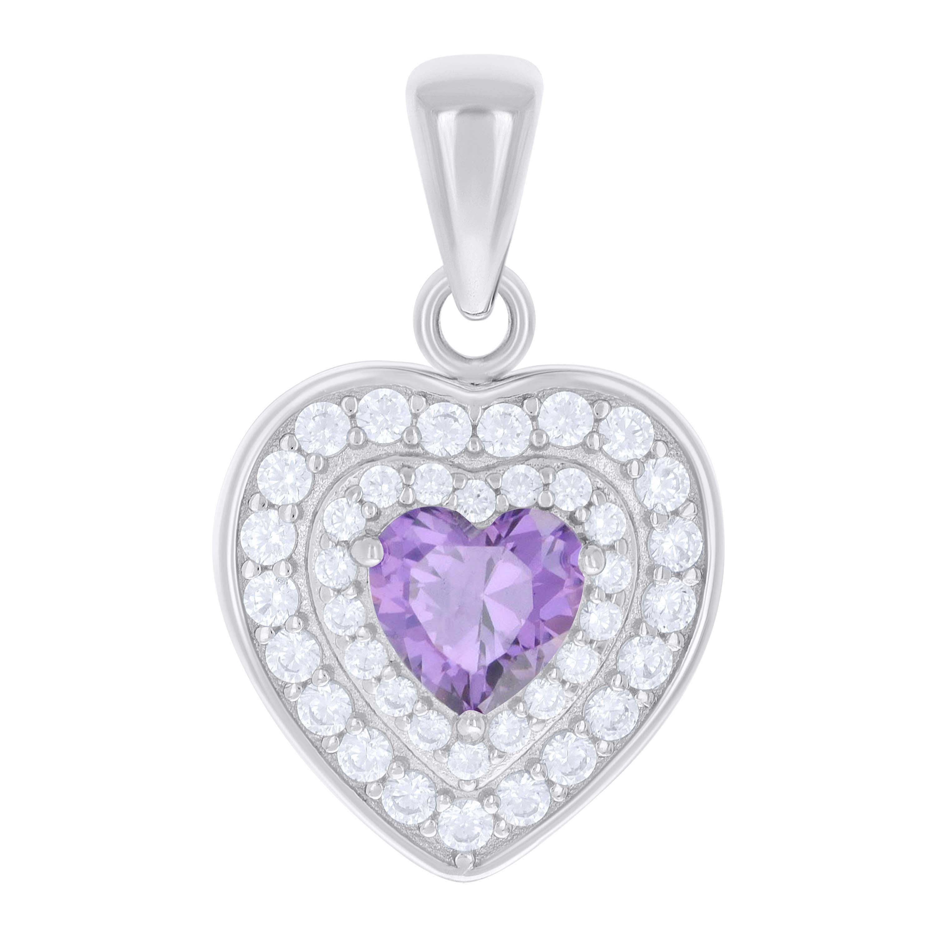925 Sterling Silver Womens Purple White Heart Round Cubic-Zirconia Heart Charm Pendant 