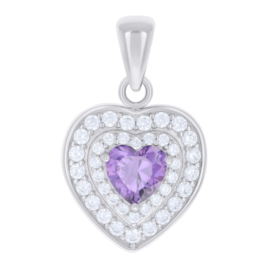 925 Sterling Silver Womens Purple White Heart Round Cubic-Zirconia Heart Charm Pendant 