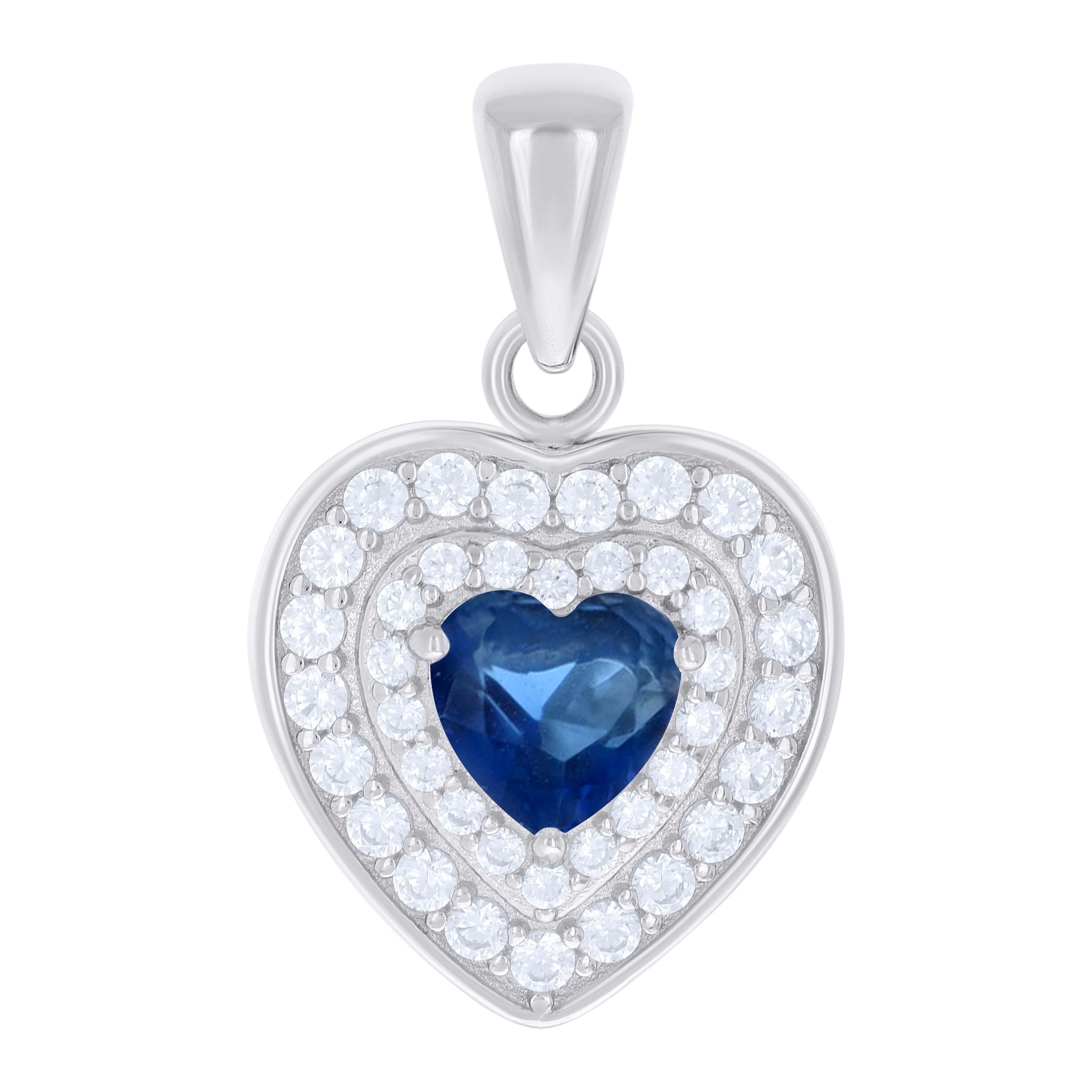 925 Sterling Silver Womens Blue White Heart Round Cubic-Zirconia Heart Charm Pendant 