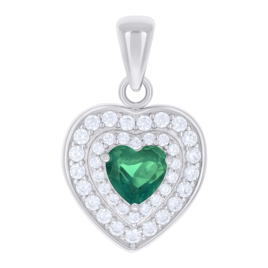 925 Sterling Silver Womens Green White Heart Round Cubic-Zirconia Heart Charm Pendant 