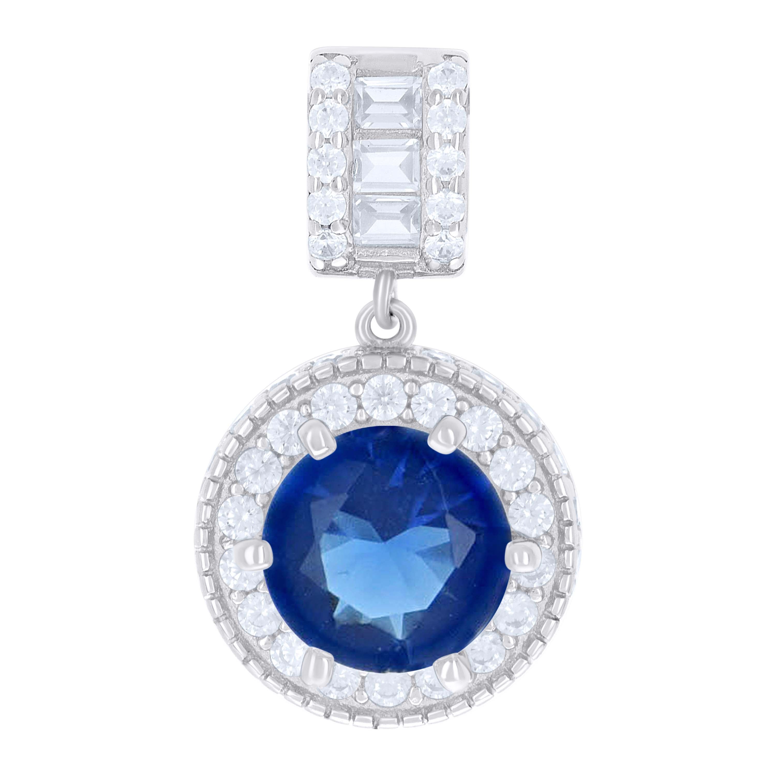 925 Sterling Silver Womens Blue White Baguette Round Cubic-Zirconia Fashion Charm Pendant 
