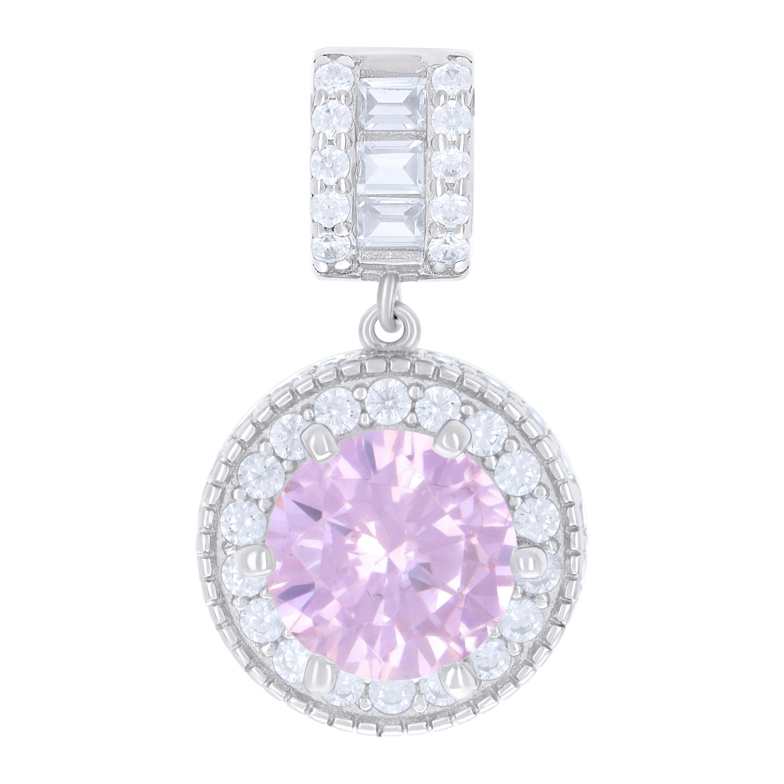 925 Sterling Silver Womens Pink White Baguette Round Cubic-Zirconia Fashion Charm Pendant 