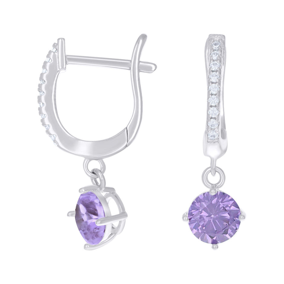 925 Sterling Silver Womens Purple White Cubic-Zirconia Dangle Hoop Earrings 
