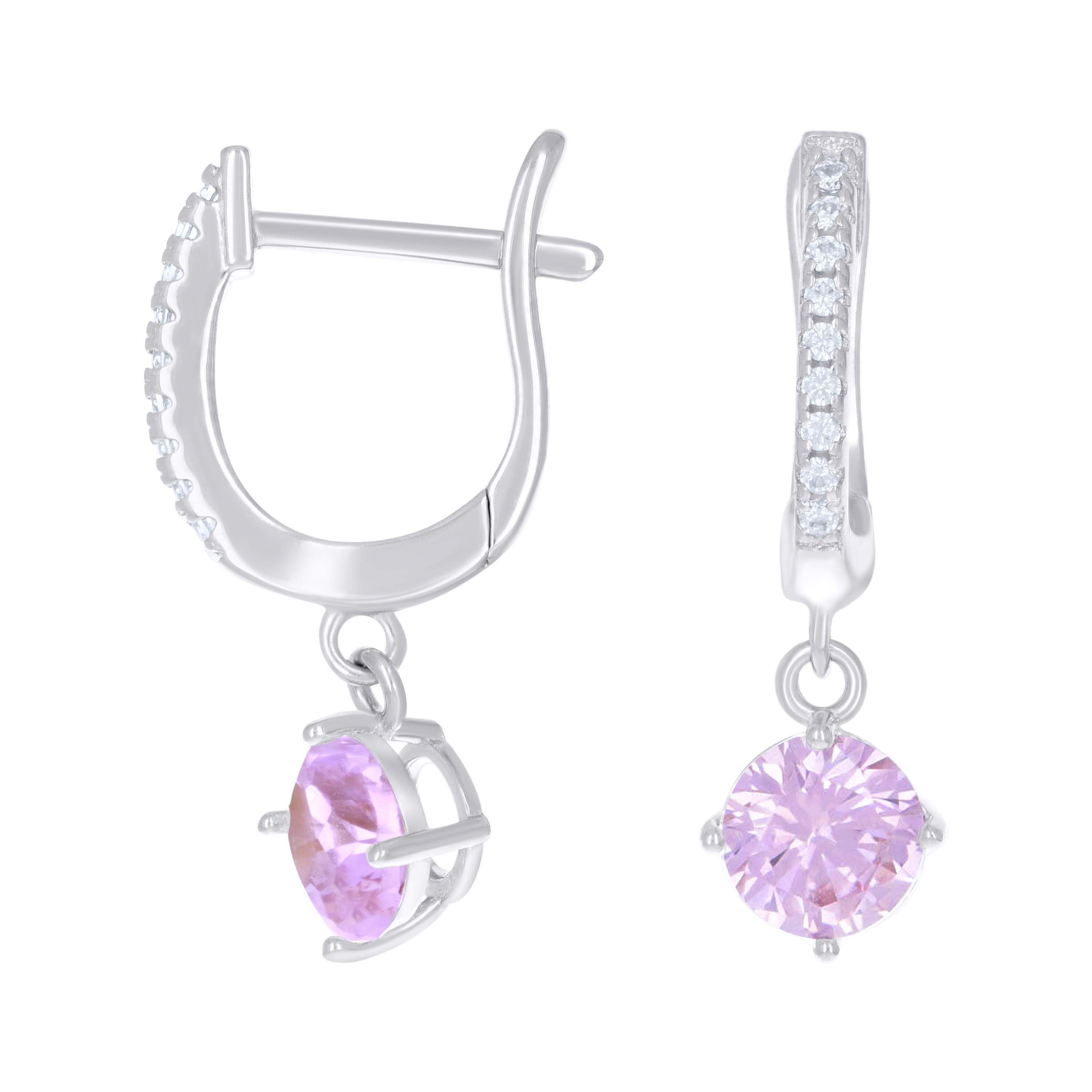 925 Sterling Silver Womens Pink White Cubic-Zirconia Dangle Hoop Earrings 