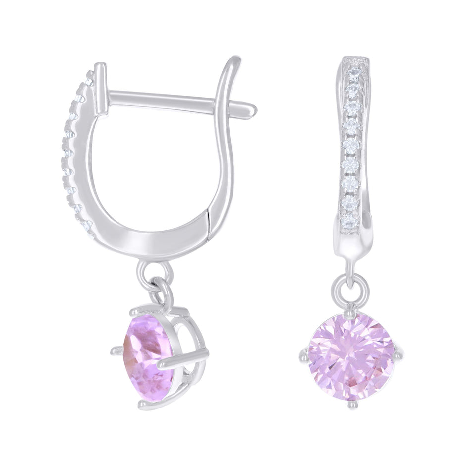 925 Sterling Silver Womens Pink White Cubic-Zirconia Dangle Hoop Earrings 
