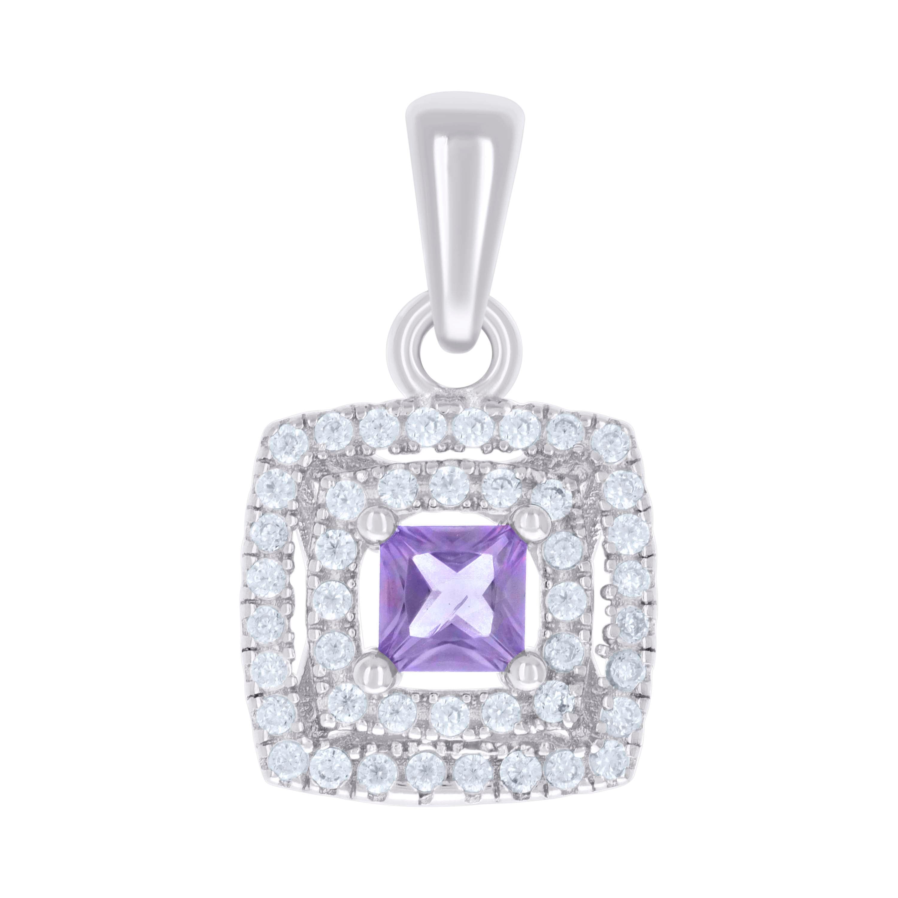 925 Sterling Silver Womens Purple White Princess-Cut Round Cubic-Zirconia Square Fashion Pendant