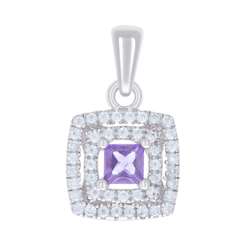 925 Sterling Silver Womens Purple White Princess-Cut Round Cubic-Zirconia Square Fashion Pendant