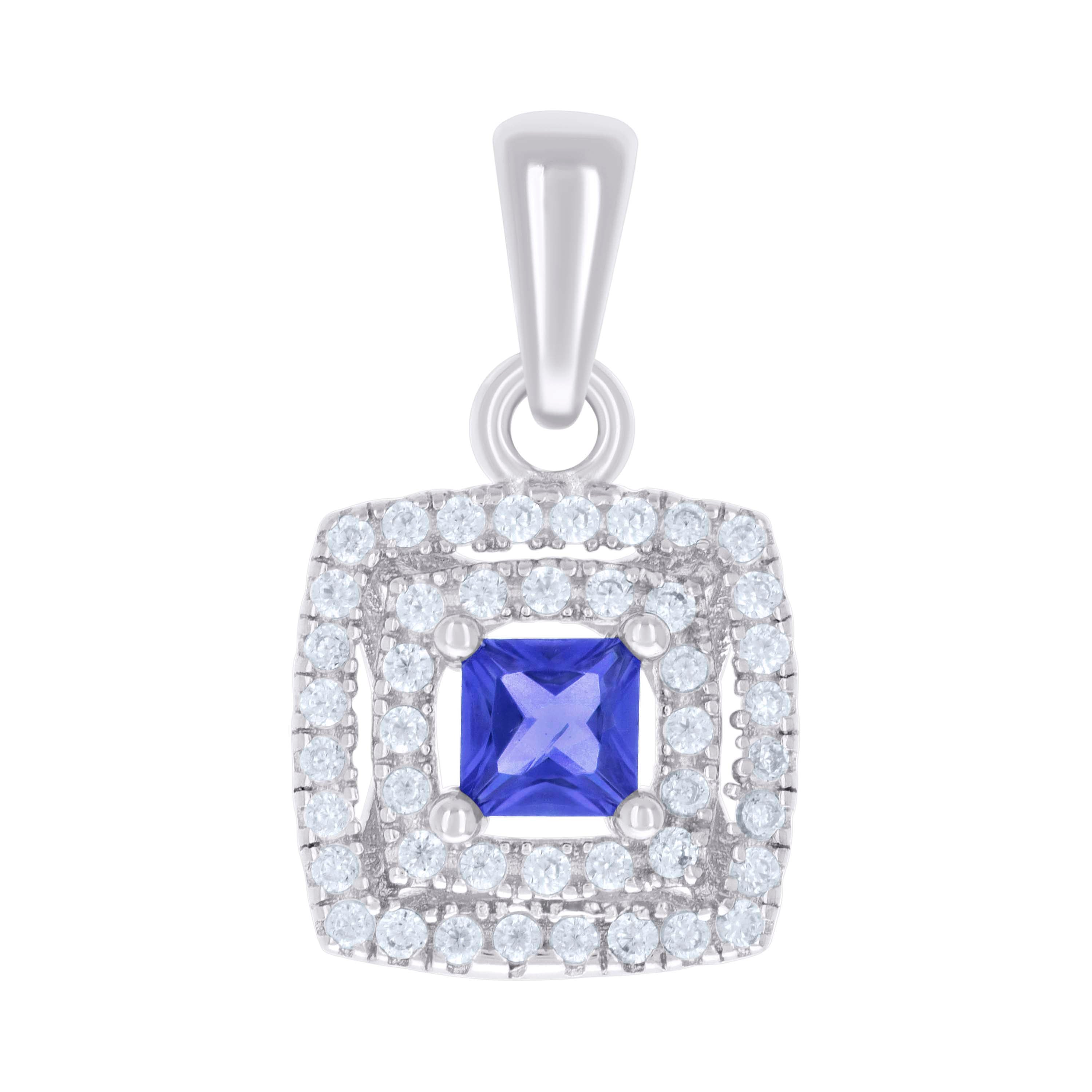 925 Sterling Silver Womens Blue White Princess-Cut Round Cubic-Zirconia Square Fashion Pendant