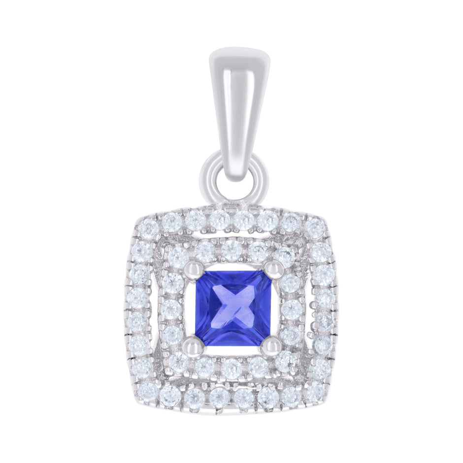 925 Sterling Silver Womens Blue White Princess-Cut Round Cubic-Zirconia Square Fashion Pendant