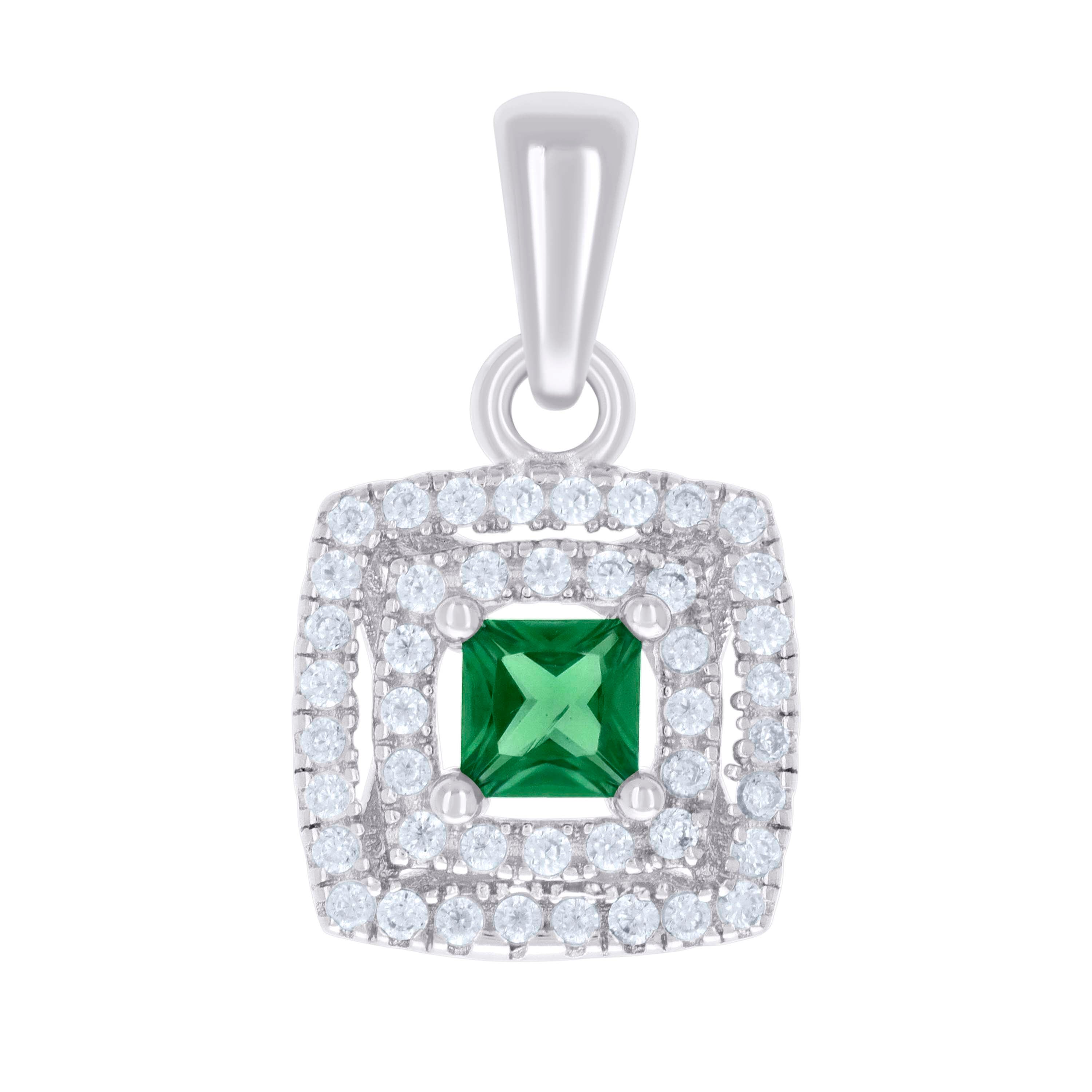 925 Sterling Silver Unisex Green White Princess-Cut Round Cubic-Zirconia Square Fashion Charm Pendant