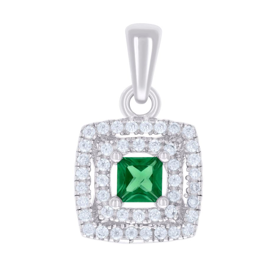 925 Sterling Silver Unisex Green White Princess-Cut Round Cubic-Zirconia Square Fashion Charm Pendant