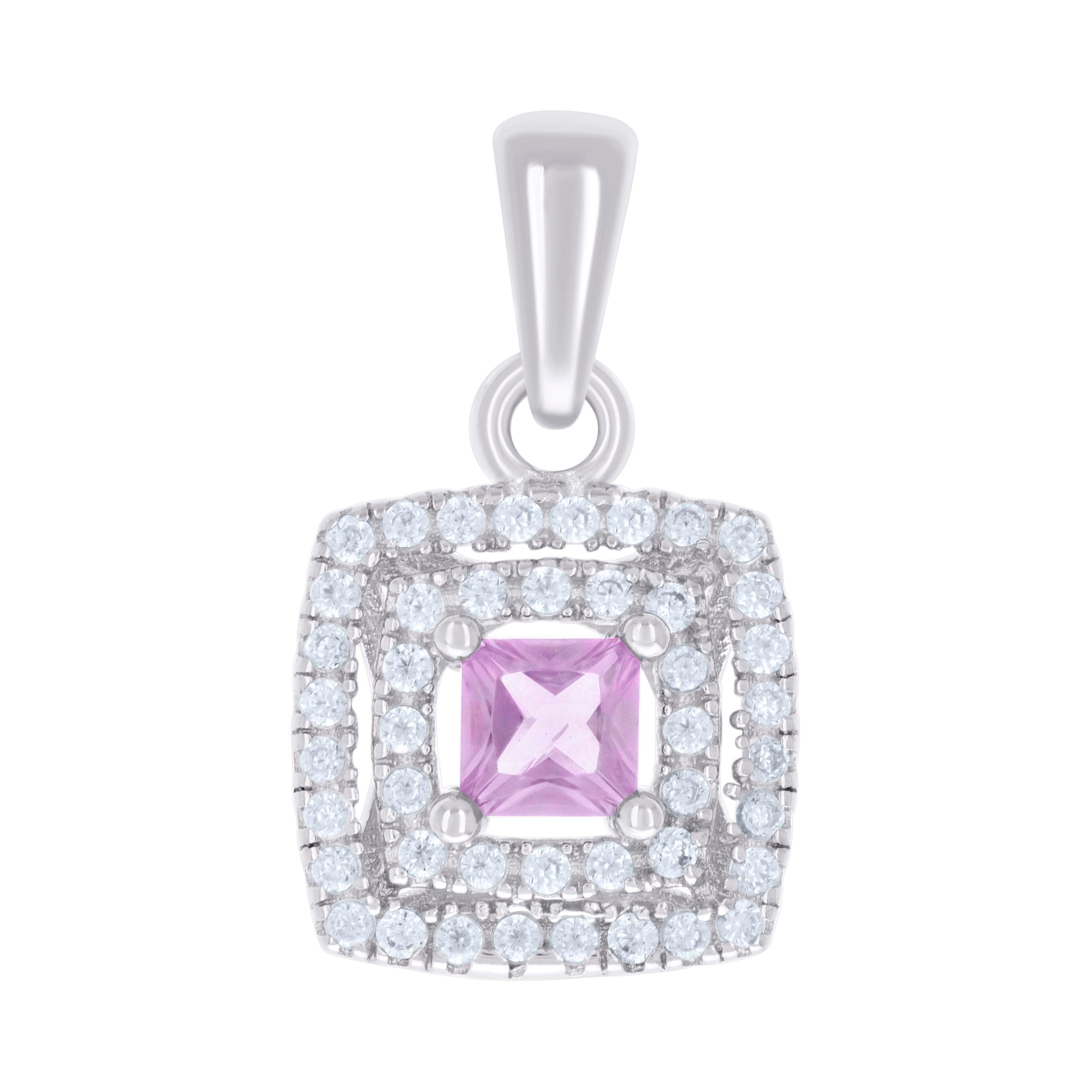 925 Sterling Silver Womens Pink White Princess-Cut Round Cubic-Zirconia Square Fashion Pendant