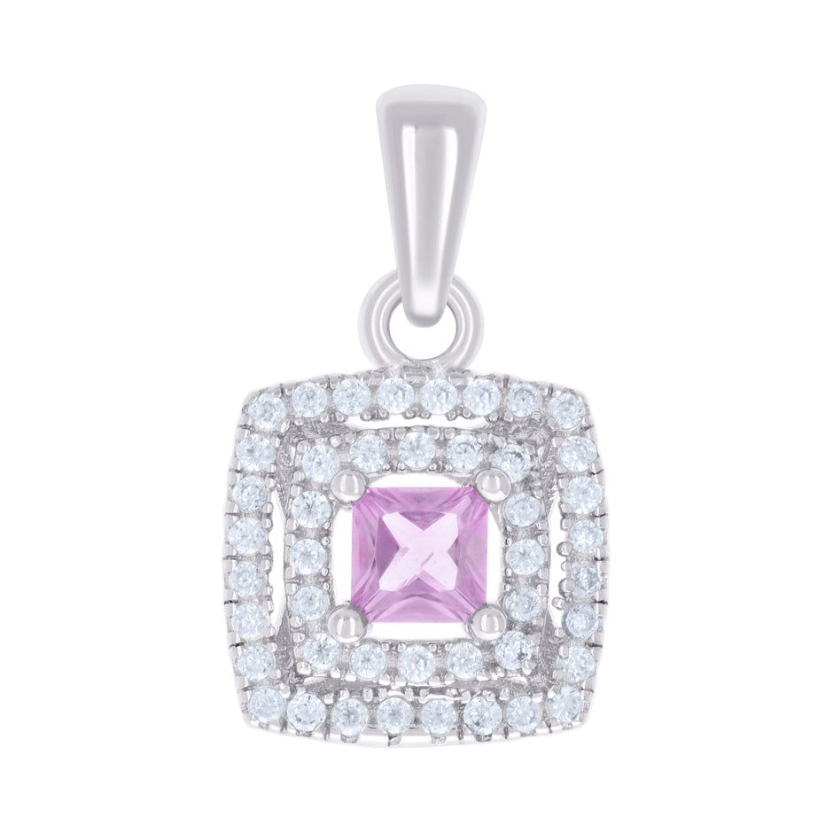 925 Sterling Silver Womens Pink White Princess-Cut Round Cubic-Zirconia Square Fashion Pendant