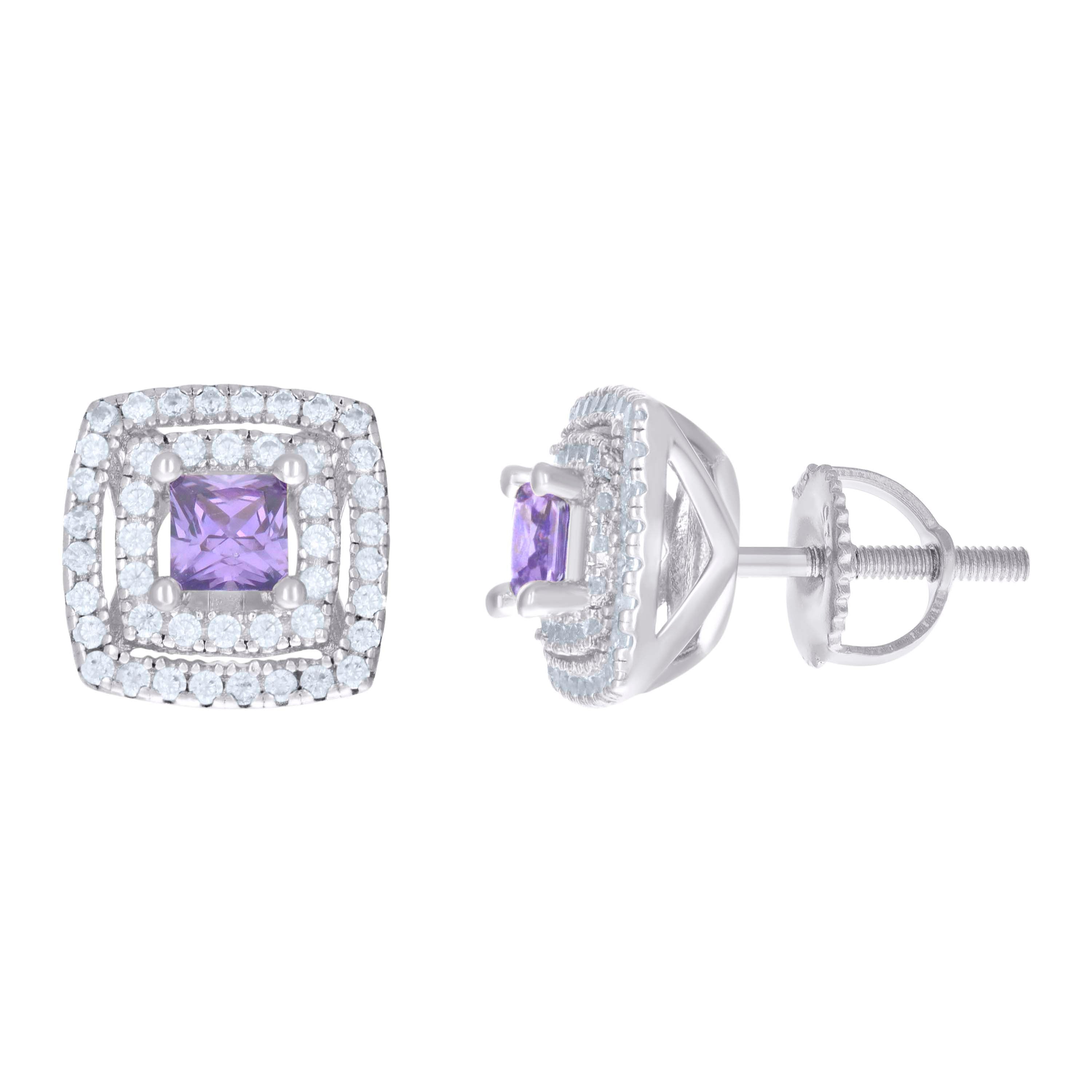 925 Sterling Silver Womens Purple White Princess-Cut Round Cubic-Zirconia Square Stud Earrings 