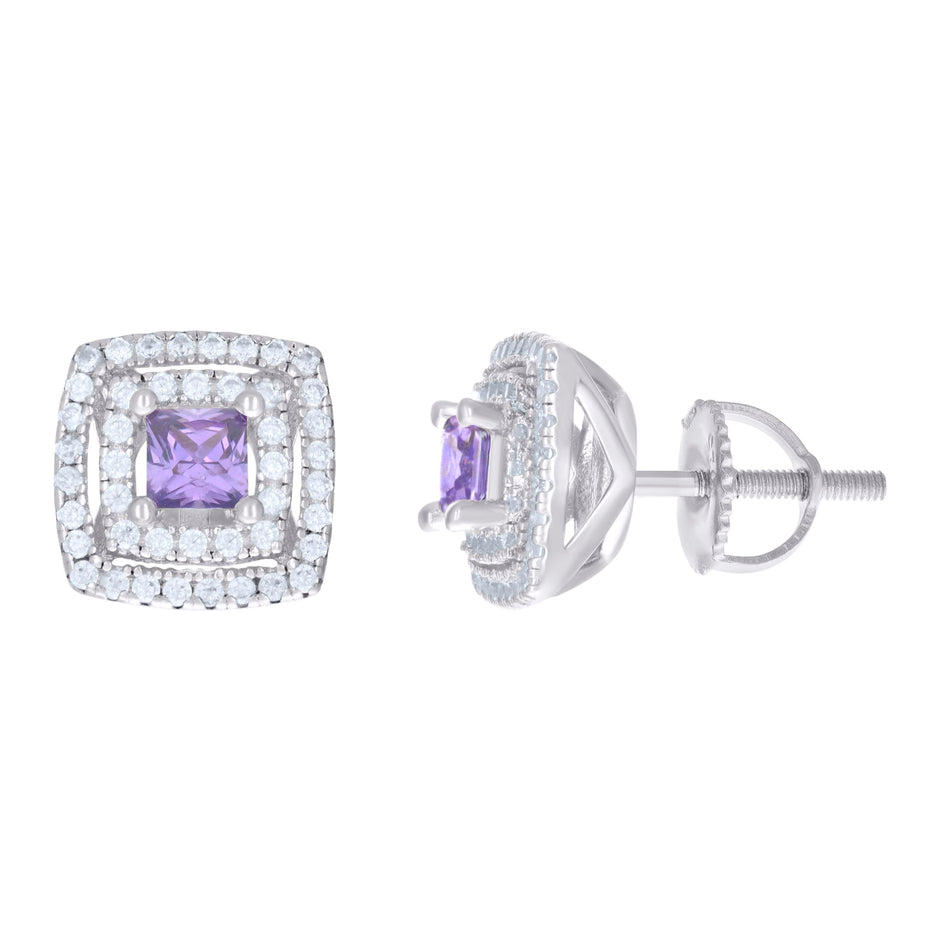 925 Sterling Silver Womens Purple White Princess-Cut Round Cubic-Zirconia Square Stud Earrings 