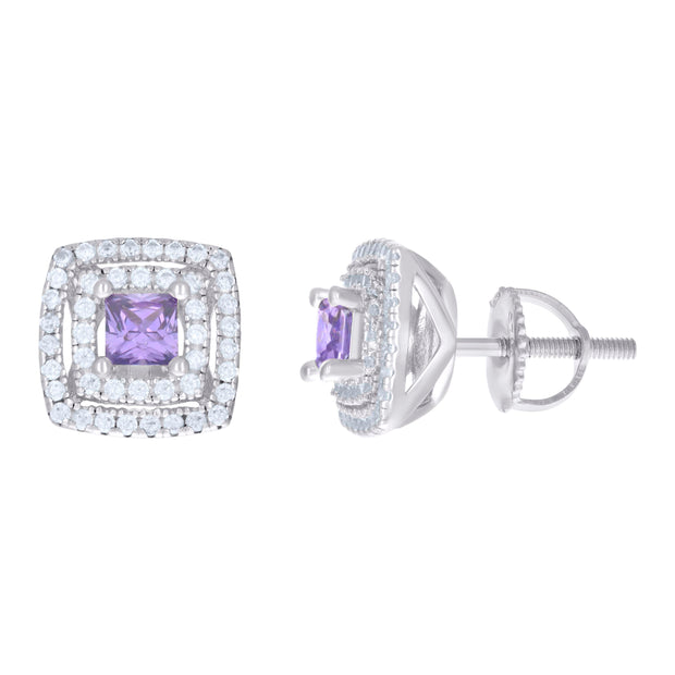 925 Sterling Silver Womens Purple White Princess-Cut Round Cubic-Zirconia Square Stud Earrings 