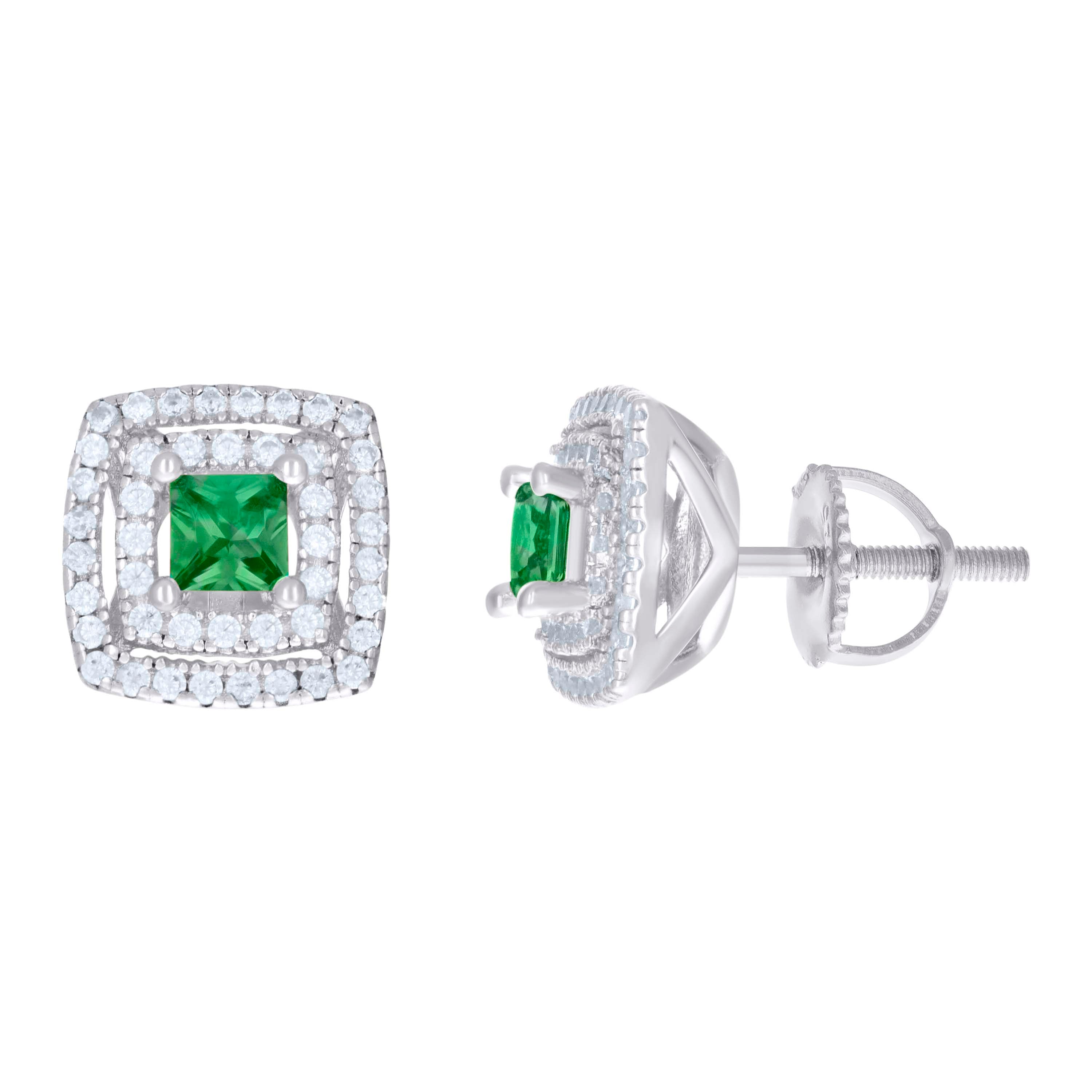 925 Sterling Silver Womens Green White Princess-Cut Round Cubic-Zirconia Square Fashion Stud Earrings