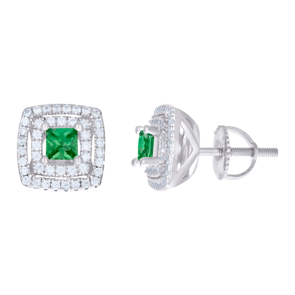 925 Sterling Silver Womens Green White Princess-Cut Round Cubic-Zirconia Square Fashion Stud Earrings