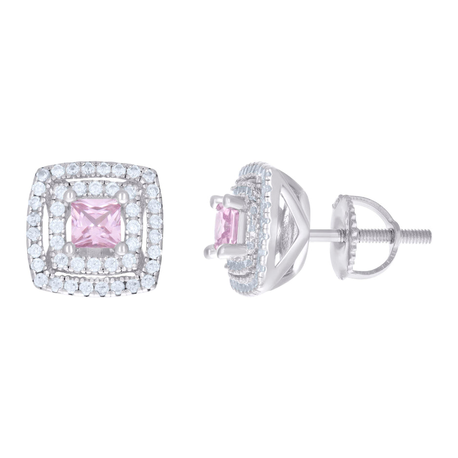 925 Sterling Silver Womens Pink White Princess-Cut Round Cubic-Zirconia Square Stud Earrings 
