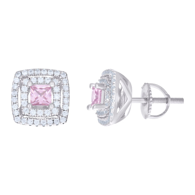925 Sterling Silver Womens Pink White Princess-Cut Round Cubic-Zirconia Square Stud Earrings 