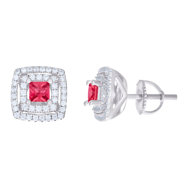 925 Sterling Silver Womens Red White Princess-Cut Round Cubic-Zirconia Square Stud Earrings 