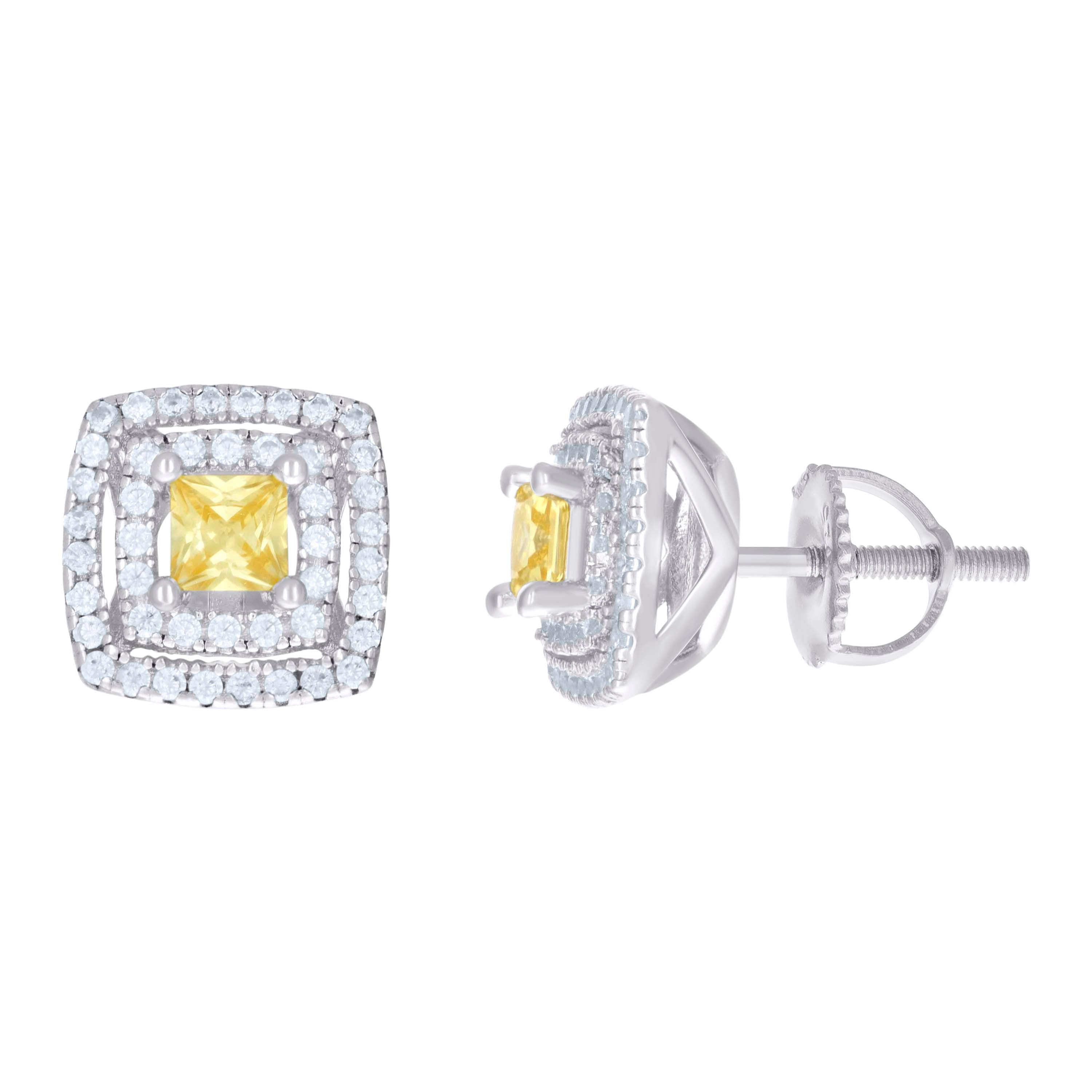 925 Sterling Silver Womens Yellow White Princess-Cut Round Cubic-Zirconia Square Stud Earrings 