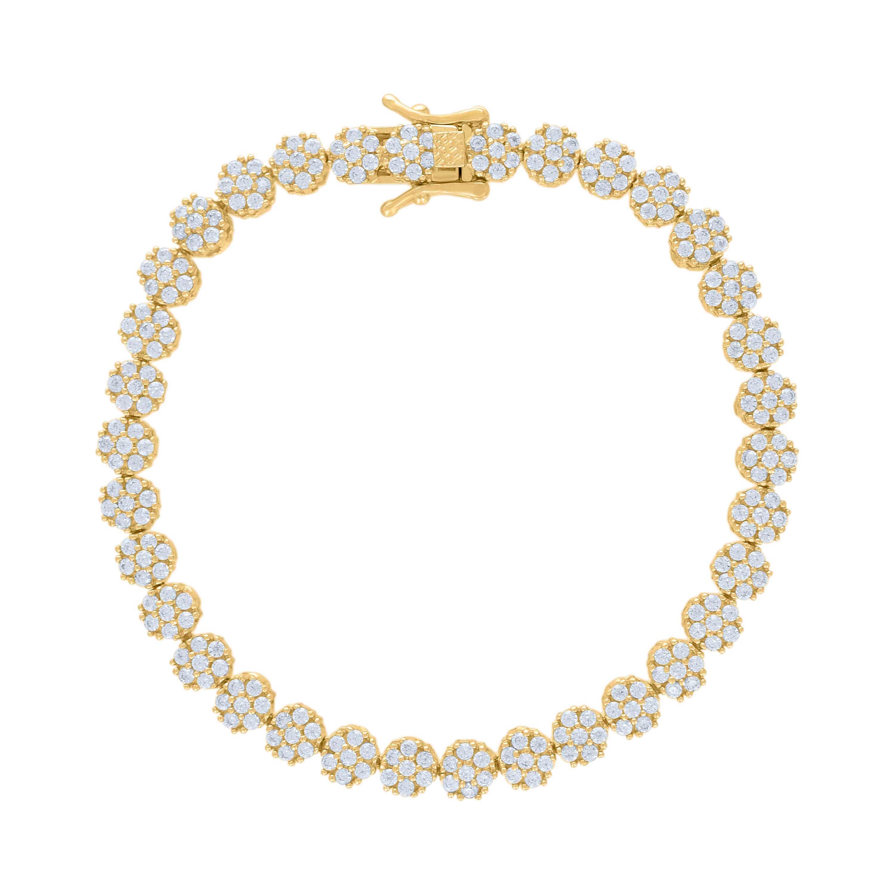 925 Sterling Silver Yellow-tone Women Cubic-Zirconia Flower Link Bracelet 7 Inches