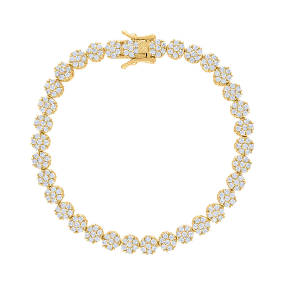 925 Sterling Silver Yellow-tone Women Cubic-Zirconia Flower Link Bracelet 7 Inches