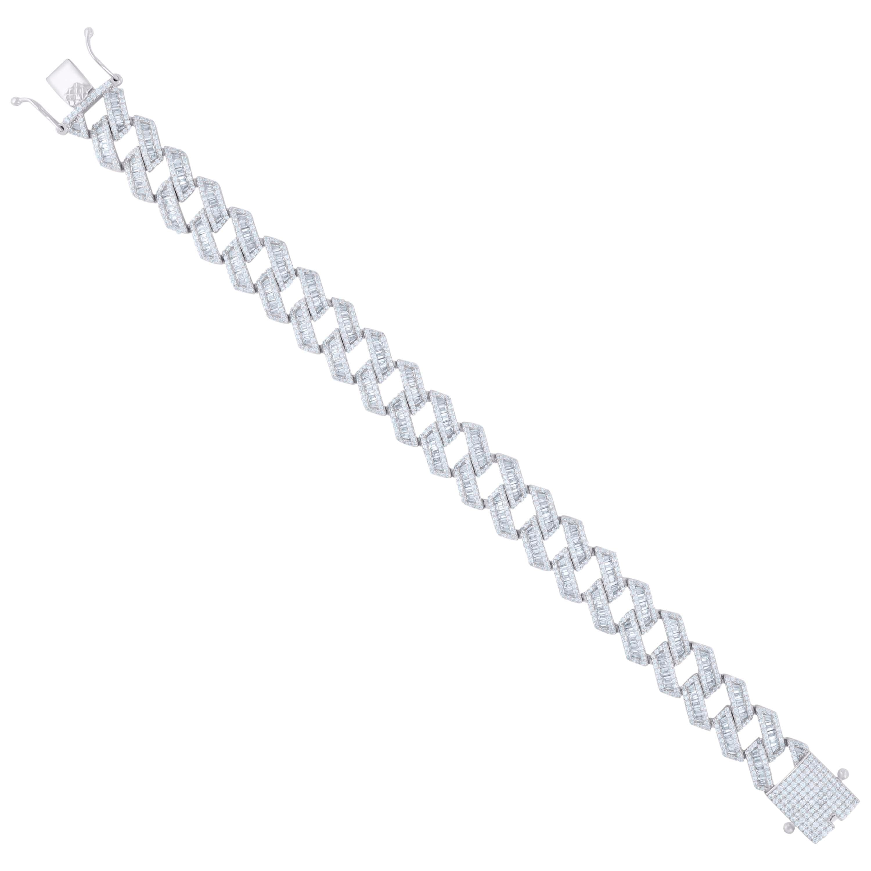 925 Sterling Silver Mens Baguette Round Cubic-Zirconia Fashion Link Bracelet