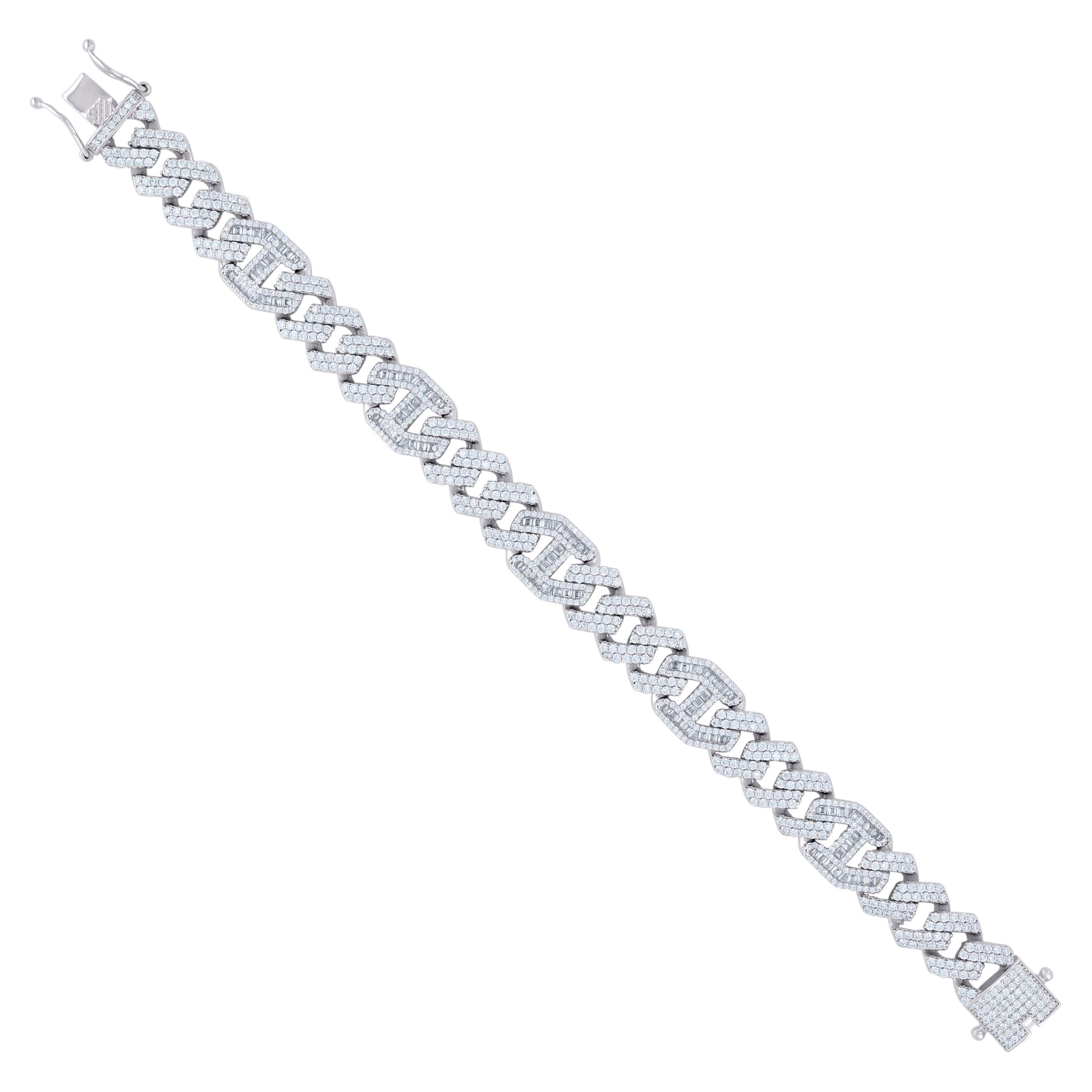 925 Sterling Silver Mens Baguette Round Cubic-Zirconia Fashion Link Bracelet