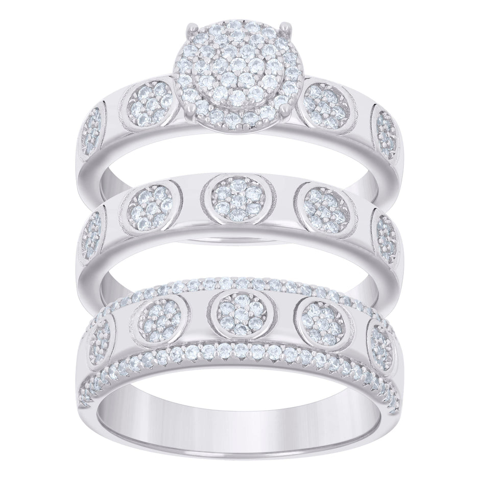 925 Sterling Silver Cubic-Zirconia His & Hers Trio Ring Set Size 7