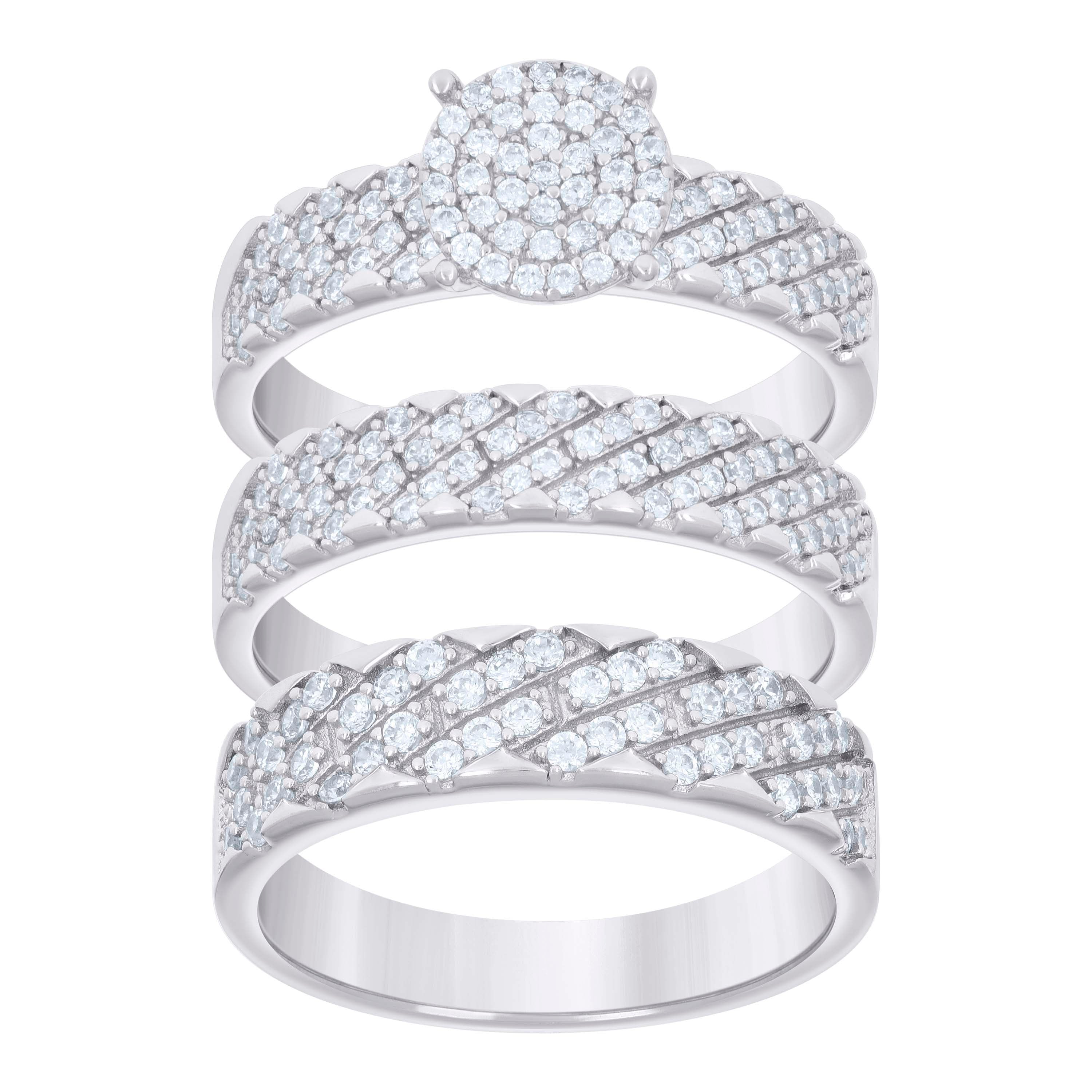 925 Sterling Silver Cubic-Zirconia His & Hers Trio Ring Set Size 7