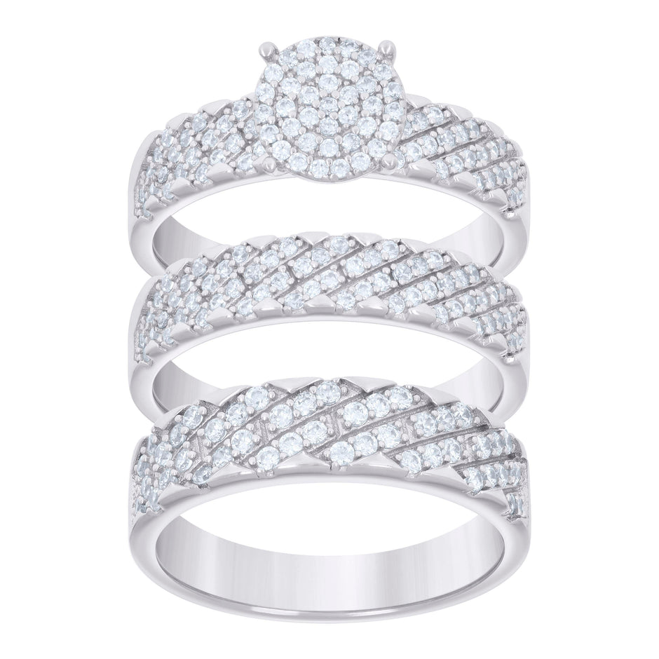 925 Sterling Silver Cubic-Zirconia His & Hers Trio Ring Set Size 7