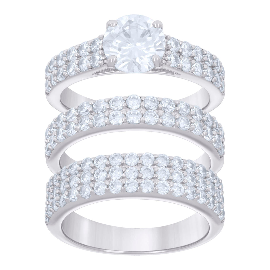 925 Sterling Silver Cubic-Zirconia His & Hers Trio Ring Set Size 7
