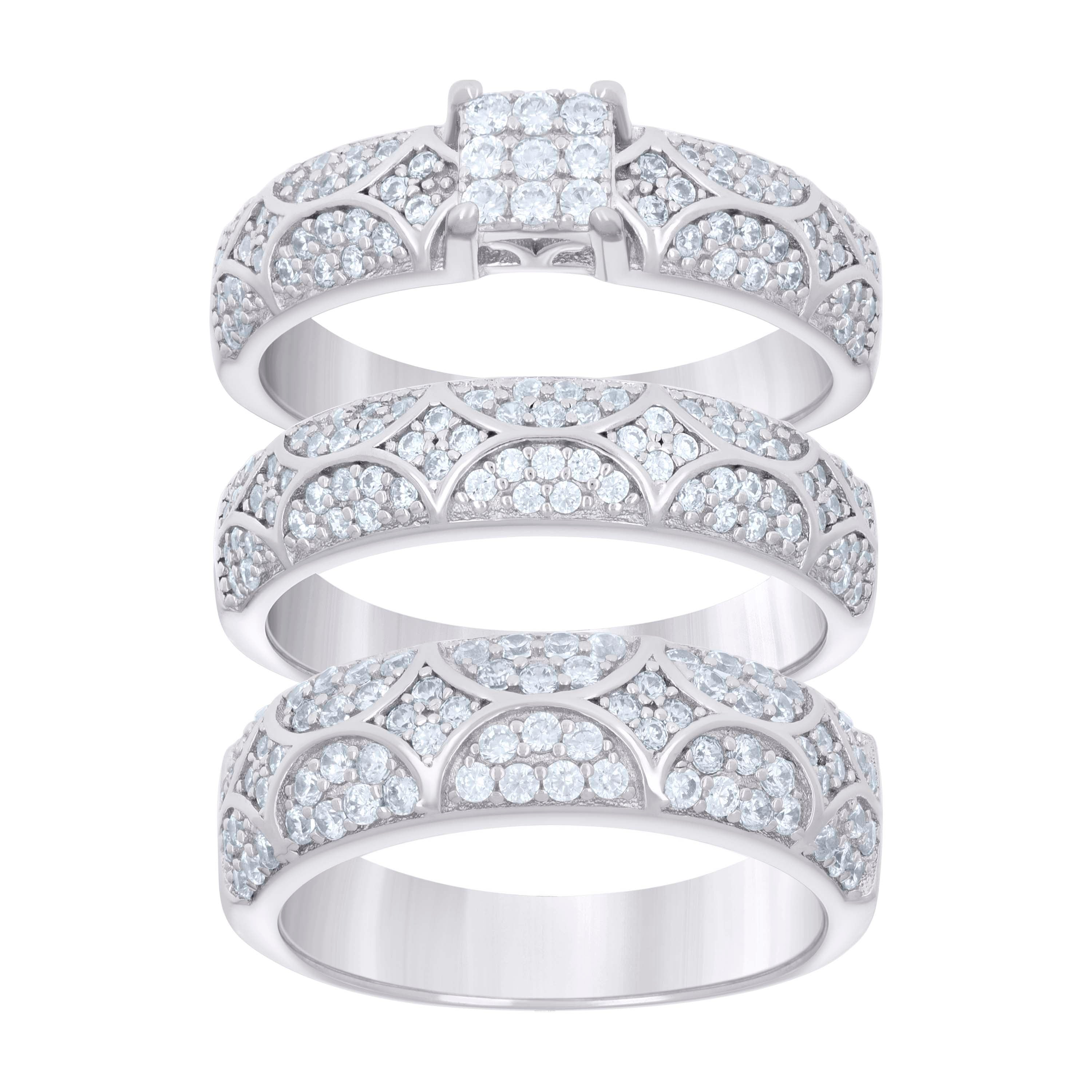 925 Sterling Silver Cubic-Zirconia His & Hers Trio Ring Set Size 7 - SLV-127266